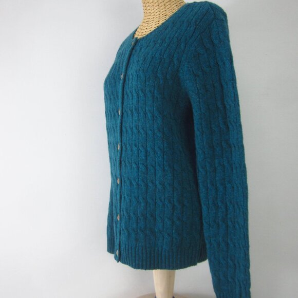 New Appleseeds Womens S Heather Teal Blue Purple Wool Long Sleeve Cable Cardigan - Picture 6 of 10